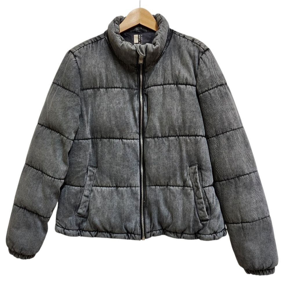 Marc New York Stone Washed Black Puffer Jacket Women L Cotton Zip Pocket Thick
